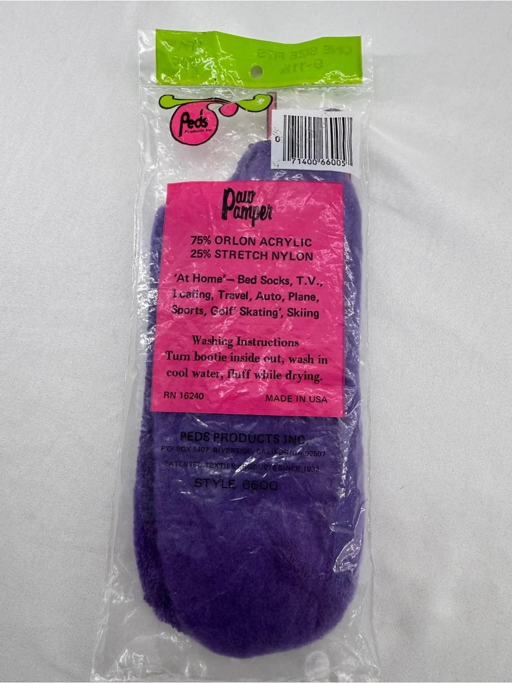 Vintage 1980's Peds Paw Pamper Fluffy Fleece Bootie Sock NOS Purple Size 9-11.5
